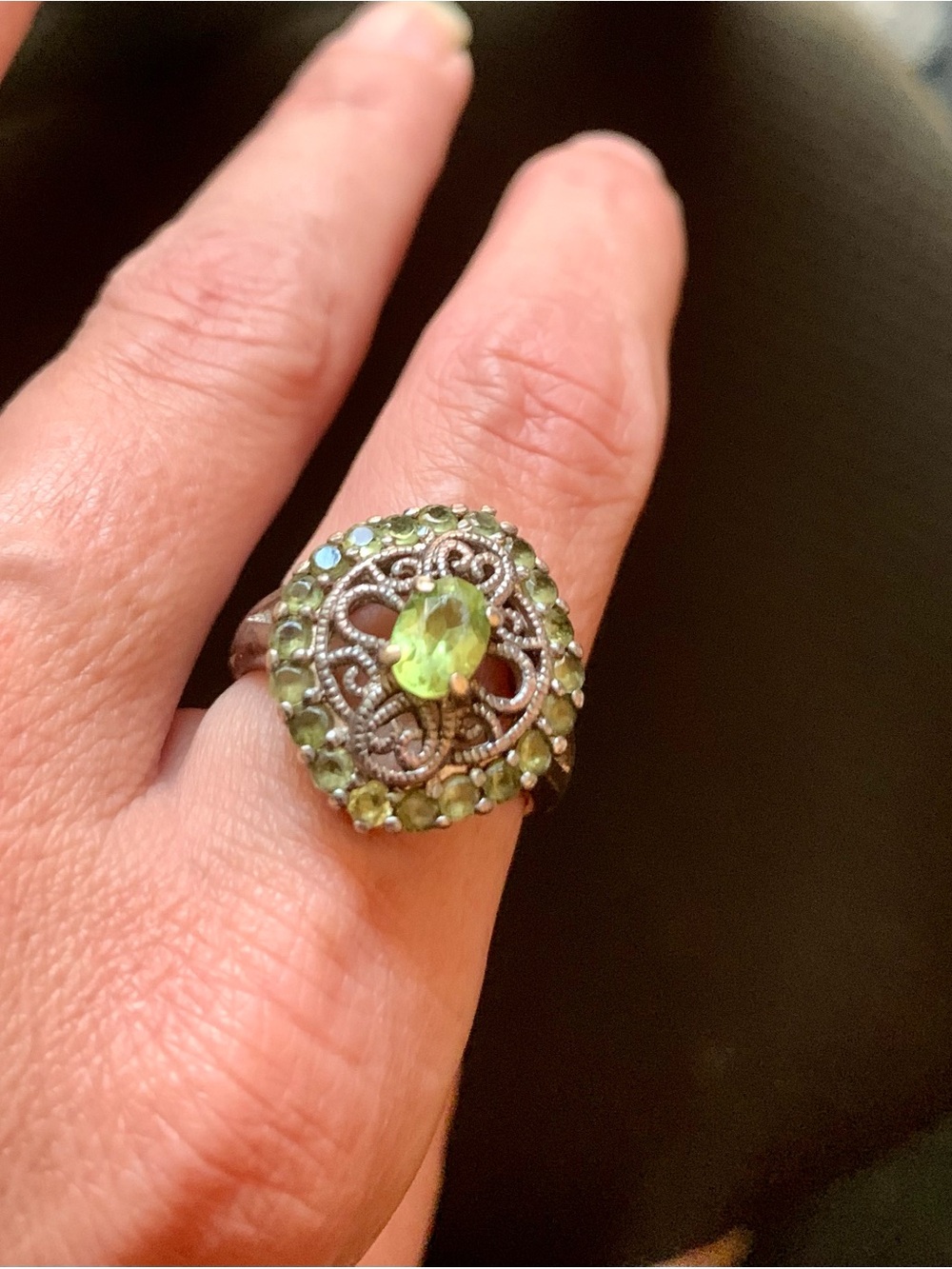 Vintage Green Gemstone Filigree 925 Sterling Silver Statement Ring #0041